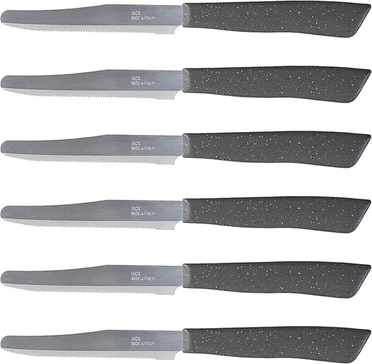 Tredoni 6 kitchen Knives - 4.3"/11cm Italian Stainless Steel Serrated Vegetable/Steak/Table Knife Cutlery, Rounded Tip (Stone)