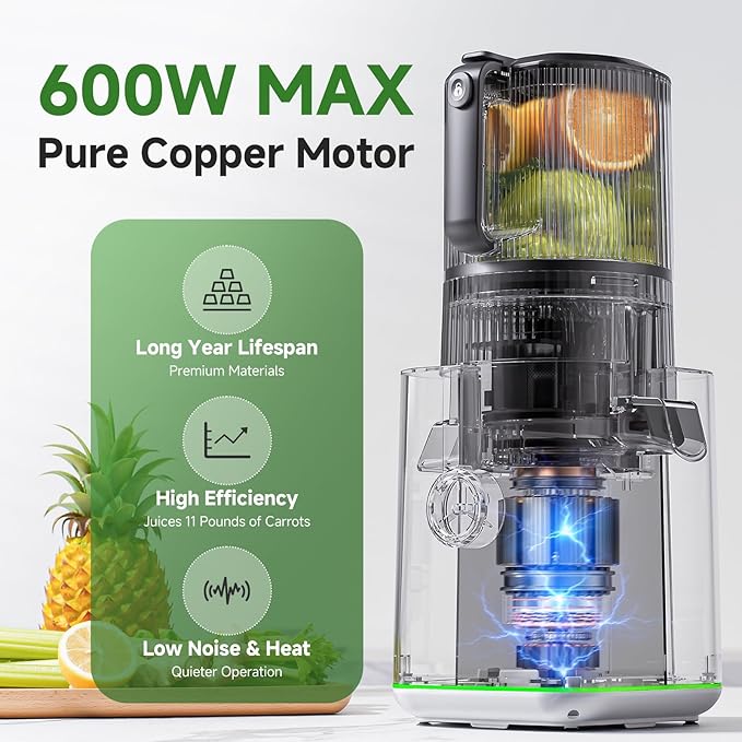 VANDISELL Cold Press Juicer, 6.5" Extra Wide Feed Chute, 3-in-1(Juice & Sorbet & Nut Milk) Juicer Machines with 600W Max Motor & 85oz Large Capacity, Auto-Precut, High Juice Yield