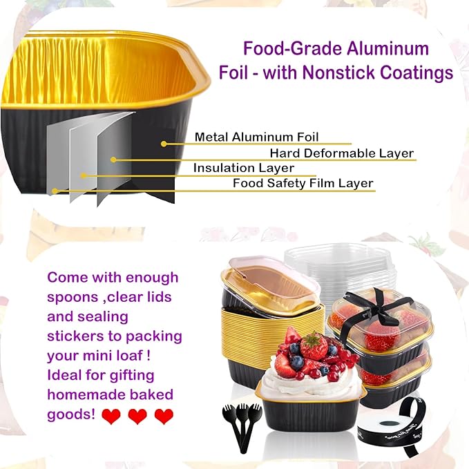 BZIDII 5oz Mini Cake Pans With Lids 50 Pack Aluminum Foil Square Brownie Baking Cups,Disposable Loaf Pans With Lids and Spoons Ribbon,Cupcake Pans Muffin Cake Tins Cake Container(Black)
