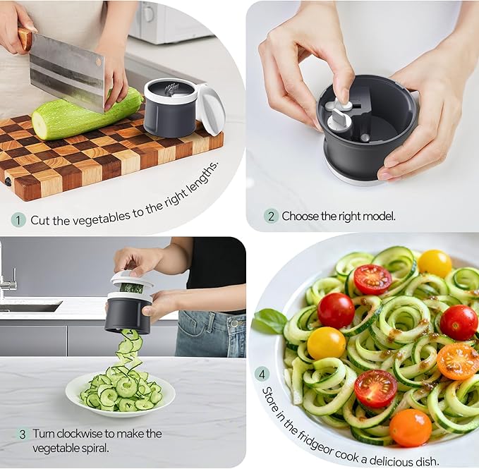 3 in 1 Vegetable Spiralizer Slicer, Adjustable Thickness 0-3mm, Zucchini Spiralizer Veggie Noodle Maker for Cucumber/Zoodle/Salad/Spaghetti/Pasta with Food Container, Cleaning Brush, Gray
