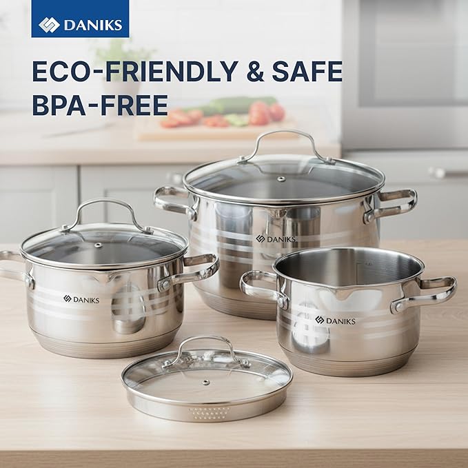 Daniks Tokio Stainless Steel Cookware Set, 6-Piece – 2 qt, 3 qt, 4.5 qt Pots with Glass Strainer Lids, Induction Ready, Dishwasher Safe, Measuring Scale, Silver