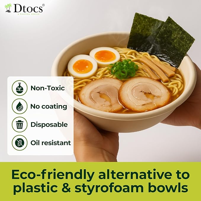 Dtocs Bamboo Fiber Disposable Bowls – 28 Oz, 70 Pk | Eco Friendly Large Bowl | Microwave Safe Bagasse Bowl for Soup, Dessert, Salad bowls | Disposable Dinnerware Alt to Paper, Plastic