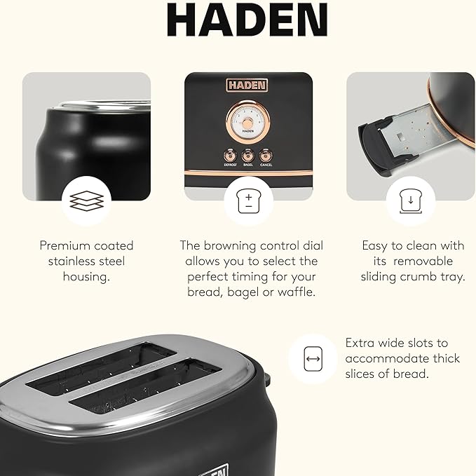 Haden Dorset 2-Slice Wide-Slot Toaster, Stainless-Steel Bread Toaster with Adjustable Browning Control, Crumb Tray & Non-Slip Feet, Black & Copper