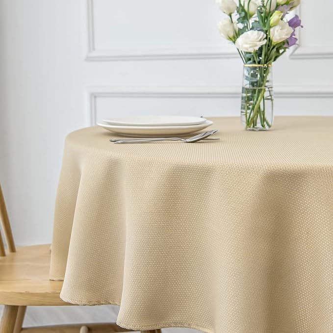 maxmill Round Textured Tablecloth Spill-Proof Wrinkle Free Soft Jacquard Table Cloth for Circular Table Cover, for Dining Room Buffet Banquet Parties Holiday Dinner, 70 Inch Beige