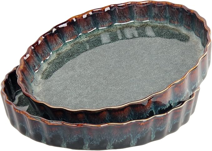 LIUYWYHCF 7 Inch Ceramic Pie Pan Quiche Dish 13.5 Ounces Baking Pan, Set of 2 Au Gratin Baking Dishes, Non-Stick Tart Pan, Pie Plate for Apple, Oven Safe, Round Ruffled Edge 7.7 Inch