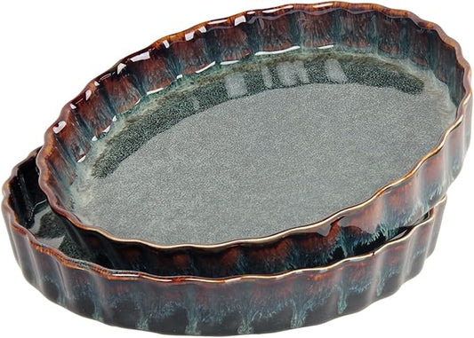 LIUYWYHCF 7 Inch Ceramic Pie Pan Quiche Dish 13.5 Ounces Baking Pan, Set of 2 Au Gratin Baking Dishes, Non-Stick Tart Pan, Pie Plate for Apple, Oven Safe, Round Ruffled Edge 7.7 Inch