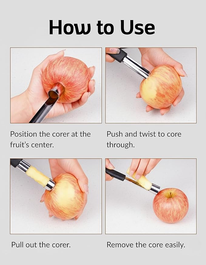 Premium Apple Corer Tool 4 Pack – Boxiki Kitchen Stainless Steel Apple Core Remover, Fruit Corer for Pears, Cucumbers, Cupcakes & More – Dishwasher Safe