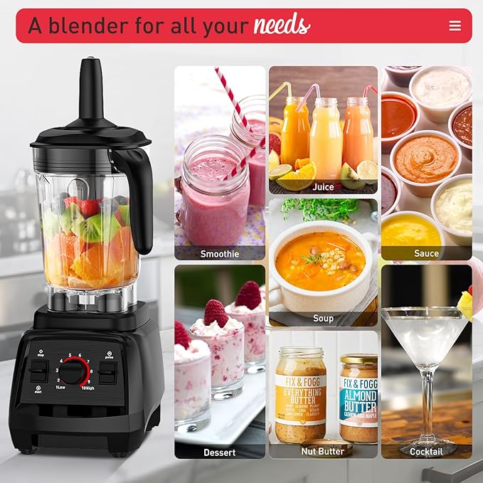 JUSANTE Smoothie Blender, 1800W Countertop Professional Blender Juicer for Kitchen Ice Crusher or Juice, Milkshake, Dessert (Black)
