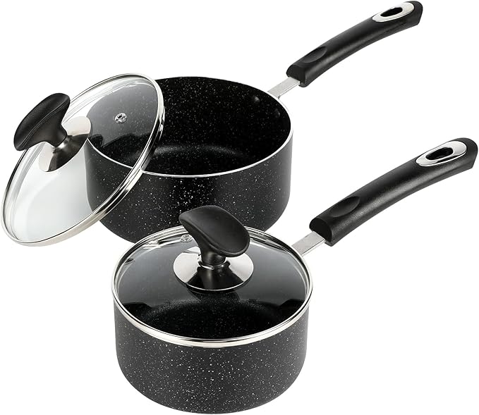 RATWIA Nonstick Saucepan Set - 1 Quart and 2 Quart,Ultra Non Stick Sauce Pan Small Pot with Glass Lid,Great for Home Kitchen Restaurant,Black