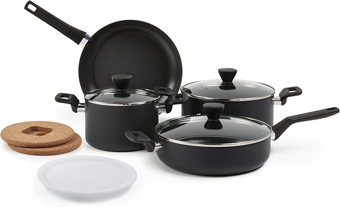 Amazon Basics 10 -Piece Hard Anodized Non-stick Stackable Cookware Pots and Pans Set, Space Saving, Black