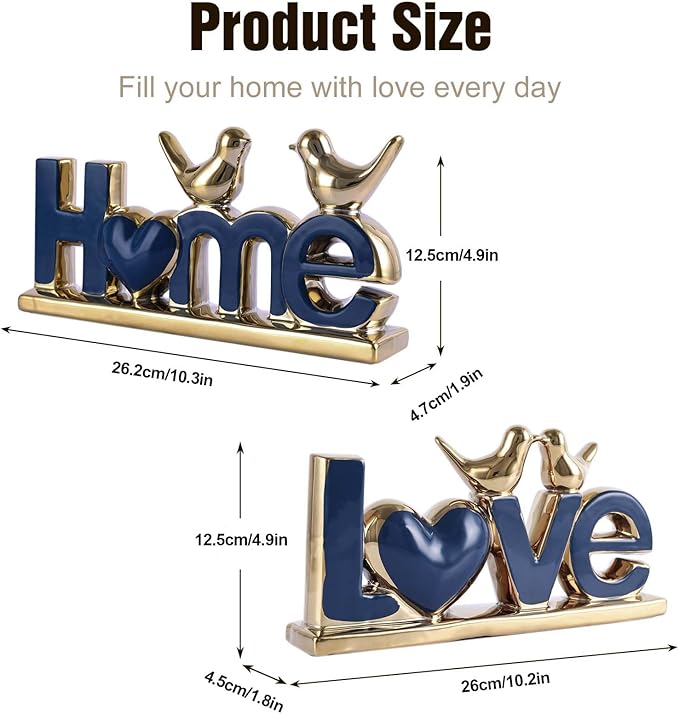 Love Sign Decor,Gold Room Decor Aesthetic, Knick Knack Shelf,Bird Decor, Boho Bookshelf,Abstract Statue,for Living Room,Bedroom, Contemporary Tv Stand Set of 2 (2, Gold Blue)