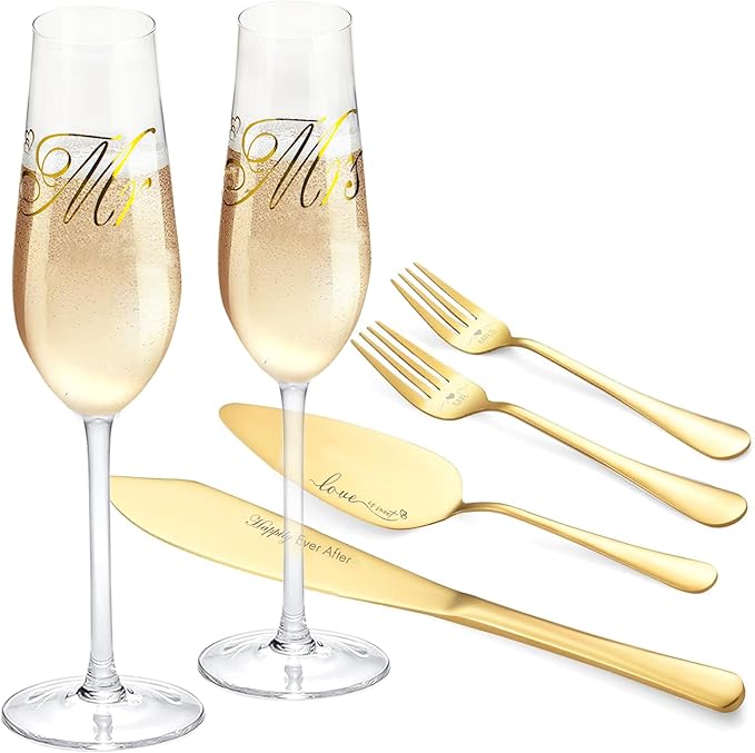 Wedding Cake Knife And Server Set, Mr and Mrs Champagne Flute Glasses With Cake Cutting Set For Wedding Glasses For Bride And Groom