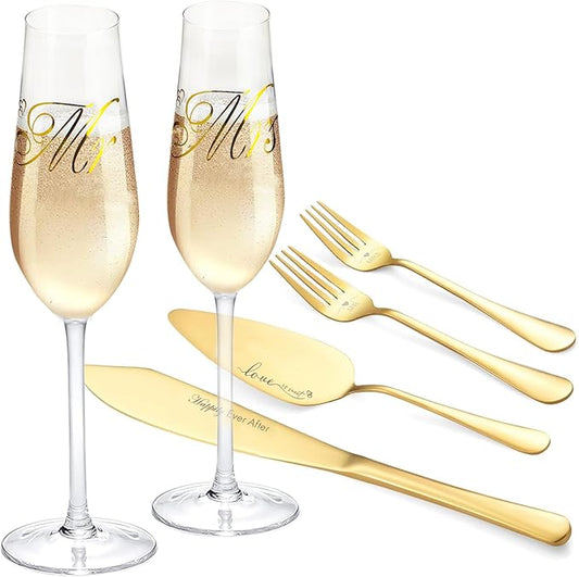 Wedding Cake Knife And Server Set, Mr and Mrs Champagne Flute Glasses With Cake Cutting Set For Wedding Glasses For Bride And Groom