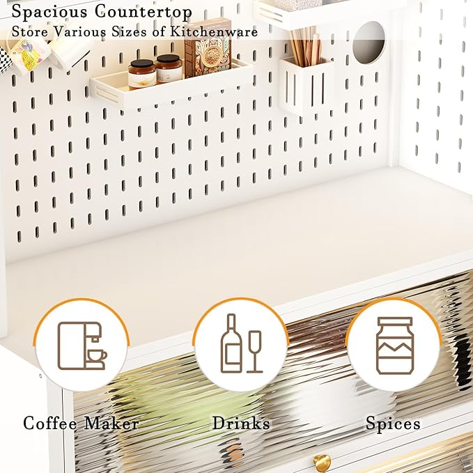 Large Kitchen Bakers Rack, 5-Tier Corner Microwave Stand with Storage, Coffee Bar with 6 S-Shaped Hooks, Open Kitchen Storage Shelves for Spices, Pots and Pans, White
