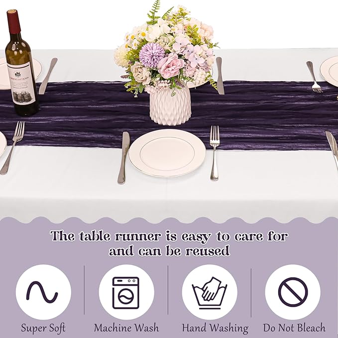 10 Pack Dark Purple Cheesecloth Table Runner 10FT Boho Gauze Fabric Table Runner Vintage Rustic Sheer Runners for Wedding Party Bridal Baby Shower Long Table Decorations