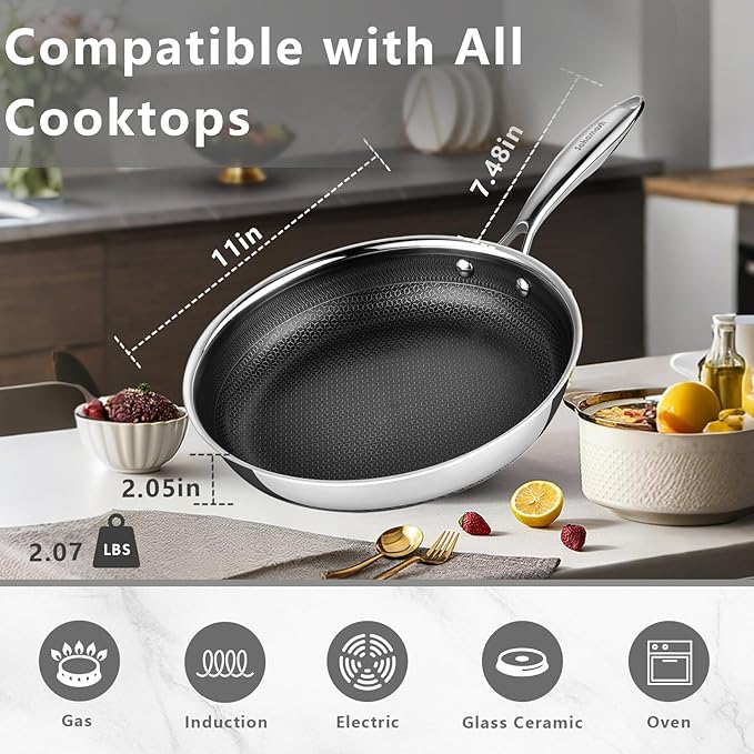 SAKAMOSH 11" Non Stick Frying Pans, Stainless Steel Pan, Ceramic Skillet with Stay-Cool Handle, Non Toxic, PFAS PFOA PTFE Free, Dishwasher Safe, Induction, Compatible with All Cooktops