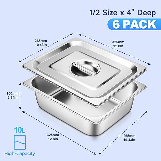 Hotel Pan With Lids 1/2 Size 4 Inch Deep Stainless Steel Chafing Dishes for Buffet, Steam Table Pan, Metal Commercial Food Pans for Food Prep/Catering/Food Serving (6 Pack, Half Size 1/2 x 4" Deep)