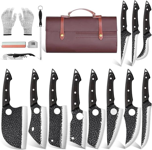 TAN REN 17PCS Butcher Knife Set with Bag, High Carbon Steel BBQ Knife Set for Meat Cutting, Hand Forged Serbian Chef Knives for Men Home & Outdoor Cooking, Christmas Gifts for Men
