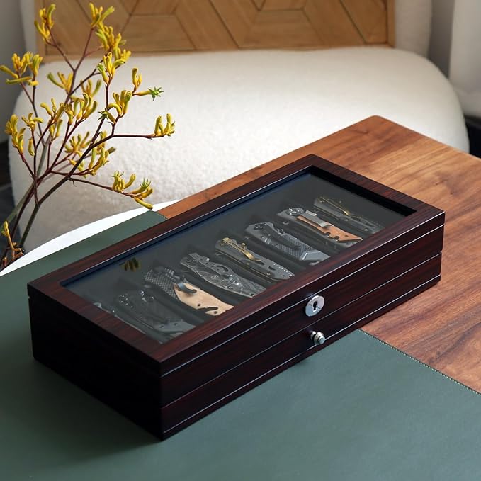Bonaking Knife Display Case Two-Tier Pocket Knife Case Box Storage for 15-17 Pocket Knives Pocket Knife Collection Case Organizer for Men Gift (Ebony veneer 17 slot)