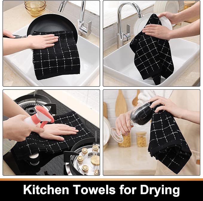 Mordimy 100% Cotton Terry Cloth Kitchen Towels, Super Soft and Absorbent Dish Towels for Drying, Checkered Designed Hand Towels for Kitchen, 16 x 26 Inches, 6 Pack, Black