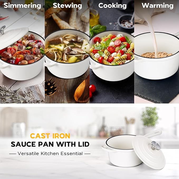 Onader 1QT Sauce Pan, Enameled Cast Iron Saucepan Dutch Oven Pot with Lid, Small Cooking Sauce Pot, Nonstick & Oven Safe – White