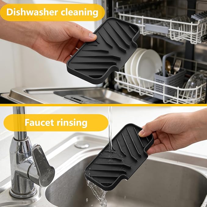 Sponge Holder for Kitchen Sink,6"×4" High Slope Soap Tray, Silicone Sponge Holder with Drain, Dish Soap Mat for Shower Bathroom, Perfect for Bottle,Cup on Sink or Counter (Black, 6×4)