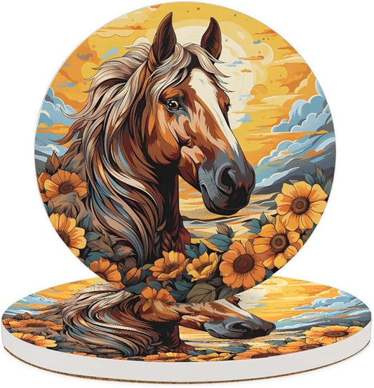 Round Coasters Set of 2, Manes Horse Sunflowers Sunshine Absorbent Ceramic Coaster with Cork Base, Bar Coasters for Drinks Coffee Mugs Tea Cups Wine Glasses Home Decor Gifts (4 inches)