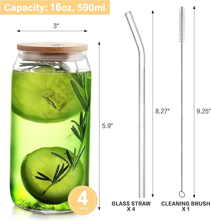 HOMBERKING Glass Cups with Bamboo Lids and Straws 4pcs Set, 16oz Can Shaped Drinking Beer Glasses, Iced Coffee Cups, Cute Tumbler with 1 Cleaning Brush, Ideal for Cocktail, Whiskey, Tea, Gift