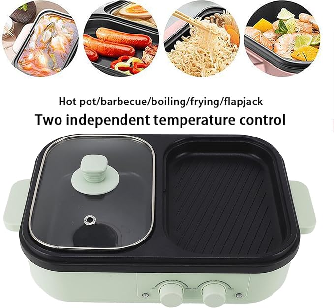 Topyond 1300W Electric Hot Pot with Divider, Non Stick Dual Sides Cooking Pot, Indoor Outdoor Use, Green, Shabu Shabu Pot, Hot Pot Cooker
