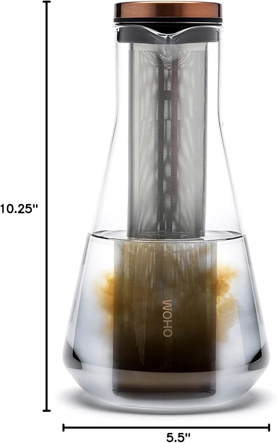 Sio Cold-Infusion Pitcher – 54 fl oz / 1600 mL Borosilicate Glass Pitcher with Micro-Fine 316 Stainless Steel Strainer & Copper-Plated Lid, Includes Measuring Scoop