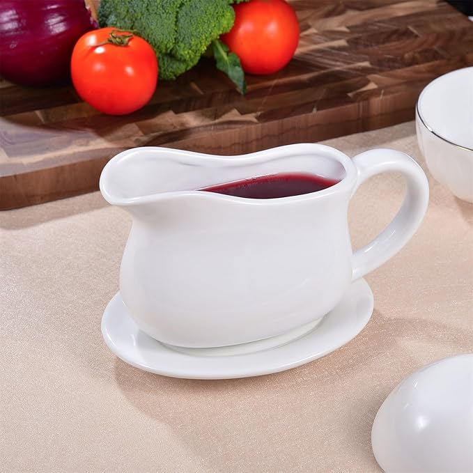 Gravy Boat, Sauce Boat 18 oz Gravy Bowl with Tray, Ceramic Serving Dish for Sauces, Dressings and Creamer with Large Handle, Designed for Microwave Safe Omesata