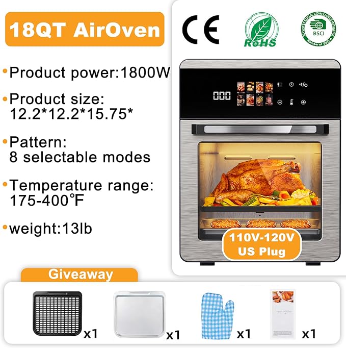 HOMLOVE 18QT Large Air Fryer Oven with Touch Screen Display, 10-in-1 Air Fry, Roast, Bake, Broil, Dry, Frozen, Proof Combo with Window, Family-Size, Multi-Function, Healthy Cooking 120V