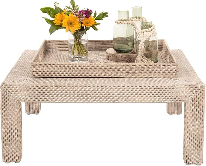 KOUBOO La Jolla Rattan Tray, Square Woven Tray - Decorative Coffee Table, Breakfast Tray, Home Decor, Serving & Basket Style, Extra Large, White-Wash