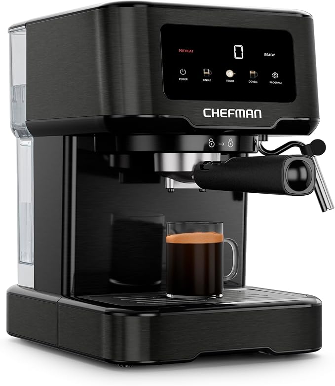 Chefman CraftBrew Espresso Machine, 15-Bar Pump Digital Espresso Maker w/Steam Wand for Latte & Cappuccino, Compact Espresso Coffee Machine w/ 1.5L Removable Water Reservoir - Black