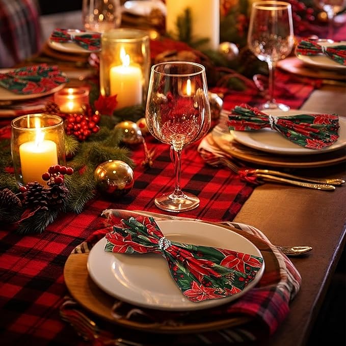 12 Pcs Christmas Poinsettia Cloth Napkin 20 x 20 Inch Poinsettia Cloth Napkins Washable Dinner Guest Napkins for Christmas Holiday Xmas Thanksgiving Dinner Party Supplies, Set of 12