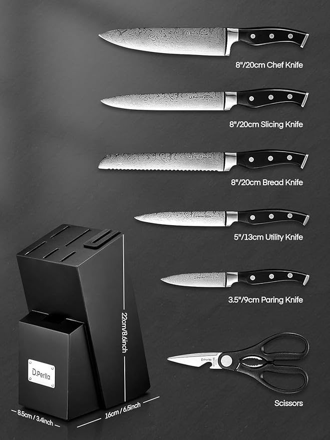 Knife Set, D.Perlla 7 Pieces Kitchen Knife Set with Built-in Sharpener, Stainless Steel Knives Block Set with Unique Waved Pattern, Non-slip Handle, Black