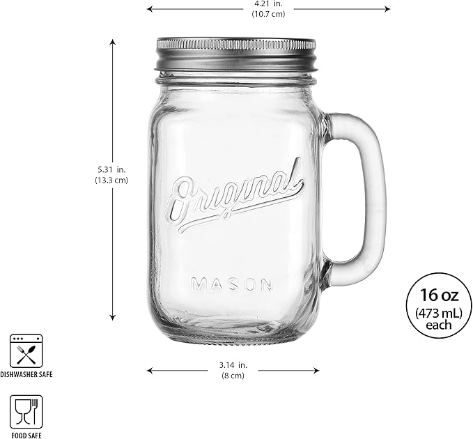 Glaver's Mason Jar 16 Oz. Glass Mugs with Handle and Lid Set Of 4 - Home Essentials & Beyond - Old Fashioned Drinking Glass Bottles Original Mason Jar Pint Sized Cup Set.