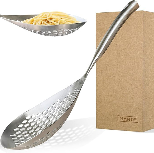 MARTE Kitchen Skimmer Slotted Spoon,[Rustproof, Integral Forming,High Grade 316 Stainless Steel] Pasta Service Strainer Scoop with Vacuum Ergonomic Handle, Good Grip Strainer Ladle for Cooking,15Inch