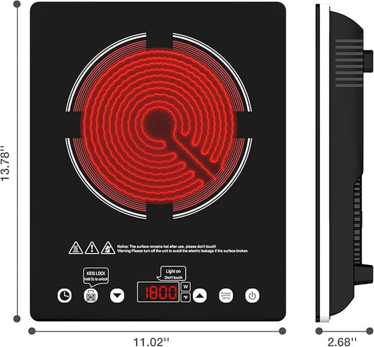 Single Burner Electric Cooktop, 110V-120V Electric Stove Infrared Hot Plate with Touch Control, Child Safety Lock, Timer, 9 Power Level, 1800W Plug in Induction Cooktop Burner for Cooking