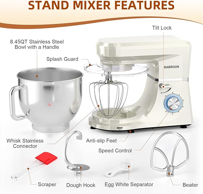 Babroun Dough Mixer 8.45 QT Electric Mixer - 660W 6 Speed Large Capacity Kitchen Stand Mixer with Whisk Dough Hook Mixing Beater Household Food Mixer for Baking Cakes Cookie Bread Salad
