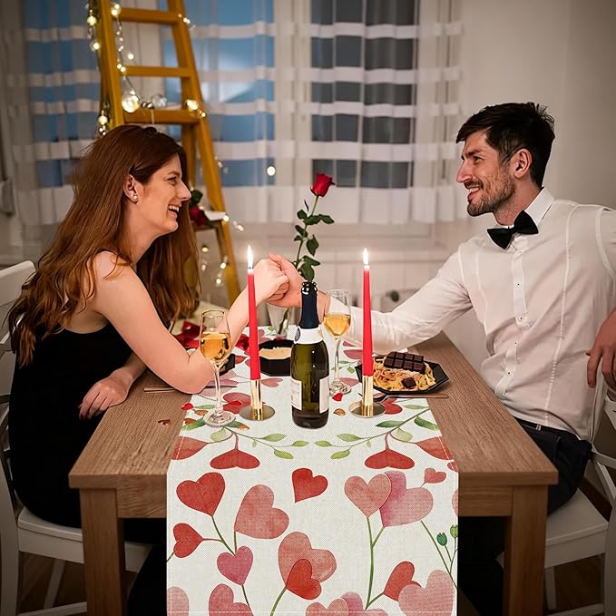 Valentines Day Table Runner 13x108 Inch, Floral Love Hearts Valentine Table Runner, Anniversary Home Kitchen Dining Table Holiday Party Decorations