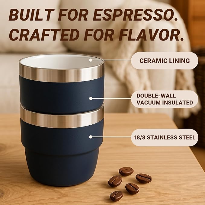 4 oz Small Espresso Cup, Ceramic-Lined 18/8 Stainless Steel, Double-Wall Vacuum Insulated, Stackable, Dishwasher Safe, Fits Most Espresso Machines, for Espresso Shots (Black & White, 2 Pack)