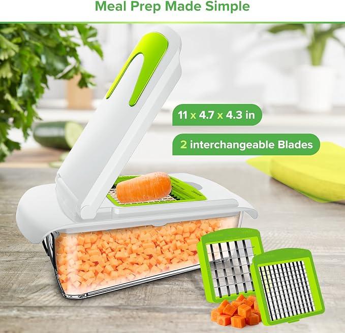 Prep Naturals 4-in-1 Veggie Chopper & Mandoline Slicer - Steel Vegetable Dicer Blades - Mess-Free Food Chopper & Container - Mandoline Vegetable Slicer for Uniform Cuts - White, Dishwasher-Safe