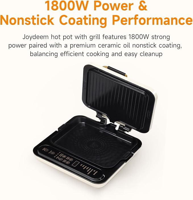 Joydeem Electric Grill with Hot Pot, Shabu Shabu Pot with Grill, Foldable & Detachable Design, 1800W, 4.75Qt Large Capacity, Ceramic Oil Non-Stick Coating, 8 Functions & DIY Mode, SKG-B430