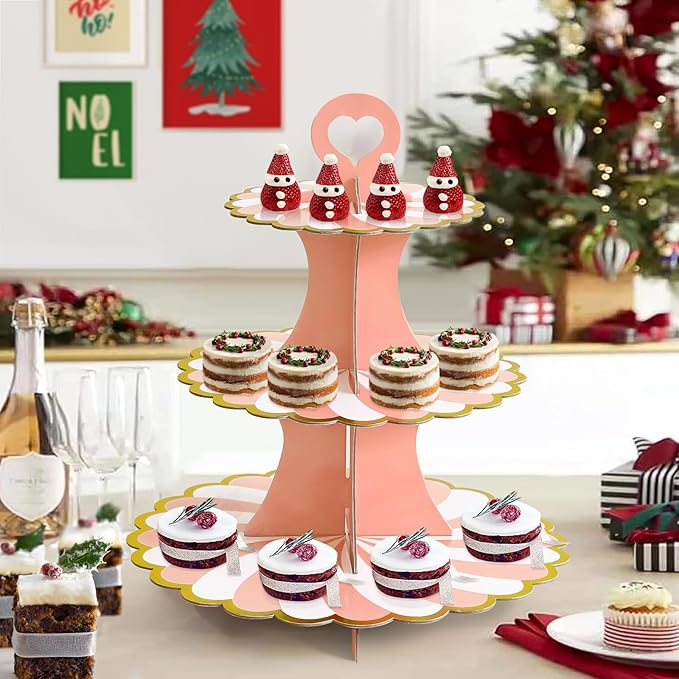Soleebee 3-Tier Cupcake Stand, Cardboard Cupcake Tower, Dessert Cup Cake Stand Tower for Birthday Wedding Party Decoration, Cupcake Tier Stand 2 Set (Pink Gold)
