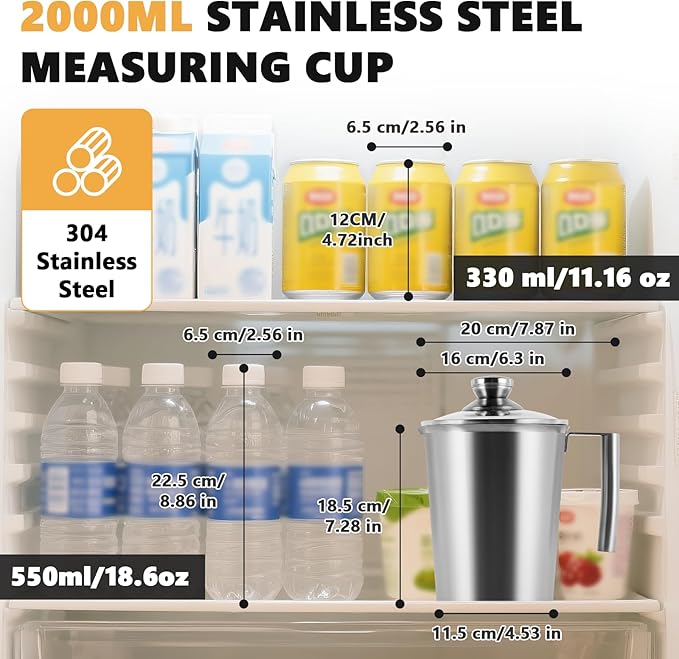 2000ml Stainless Steel Measuring Cup 64 oz with Handle and Glass Lid, Metal Measuring Pitchers with ML/Ounce Scale, Large Mouth Graduated Beakers