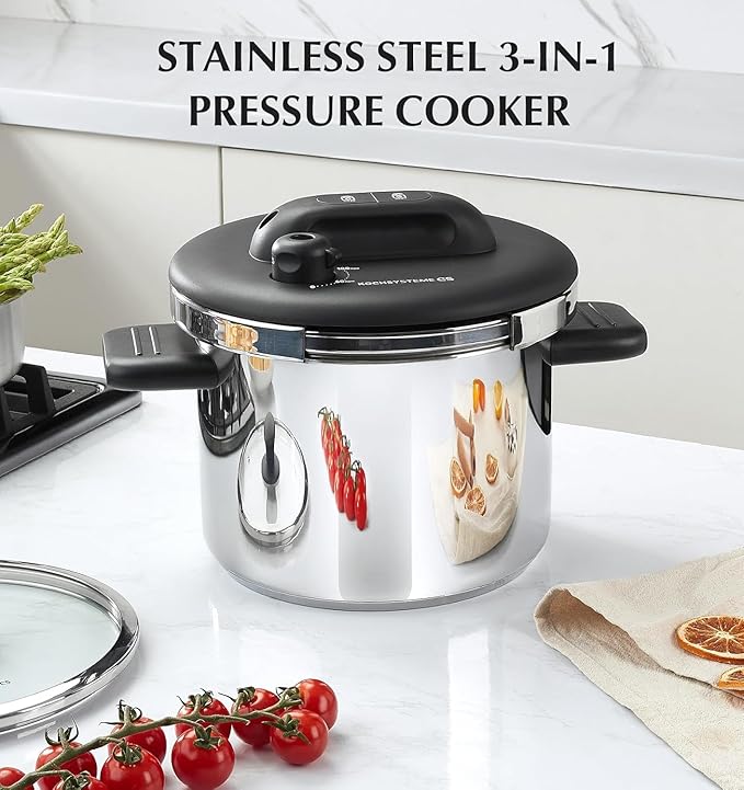 KOCH SYSTEME CS 8.5QT Pressure Cooker Stainless Steel, Olla de Presion, 18/10 Stainless Steel Pressure Cooker, Easy One-Press Lock Pressure Cookers, Induction Ready, Glass Lid & Steamer
