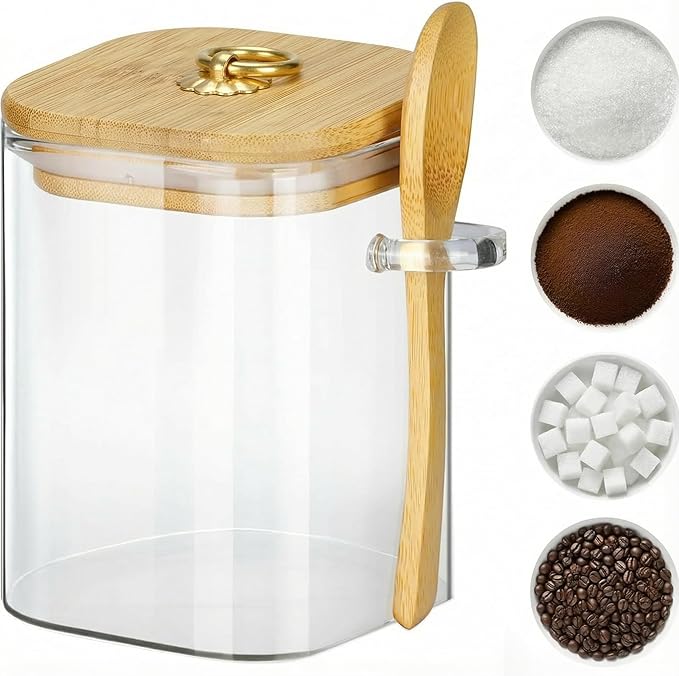 Glass Jars with Bamboo Lids and Spoons, 16 oz Glass Storage Containers with Lids for Dry Food Storage Sugar, Coffee, Nuts, Cookie, Candy, Tea, Airtight Kitchen Canisters Spice Jars