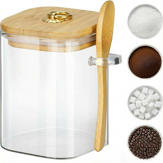 Glass Jars with Bamboo Lids and Spoons, 16 oz Glass Storage Containers with Lids for Dry Food Storage Sugar, Coffee, Nuts, Cookie, Candy, Tea, Airtight Kitchen Canisters Spice Jars