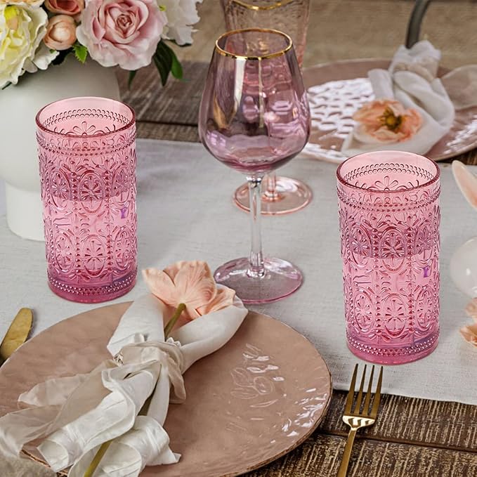 Darlion 6 Pack Pink Glassware Drinking, 12oz Highball Embossed Beverage Glass Cup, Vintage Drinking Glasses, Colored Water Glasses for Party Wedding Home Office and Gift